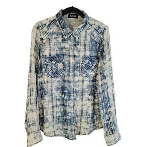 Fab'rik Top Pearl Snap Women's Long Sleeves Sz Medium Tie Dye Blue White